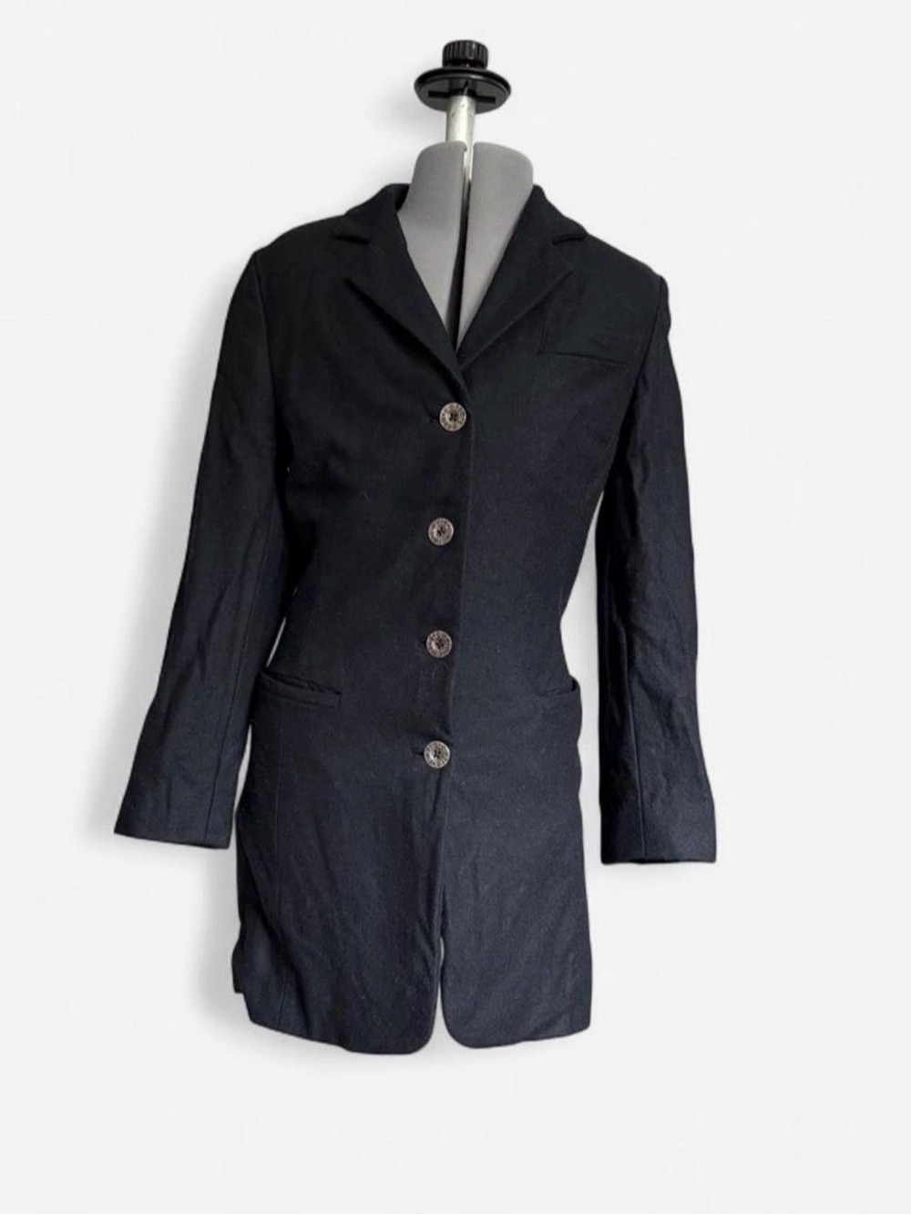 Calia black wool blazer with button-up front and pockets, size XS